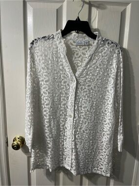 Kim Rogers White Crochet Button-Down Shirt